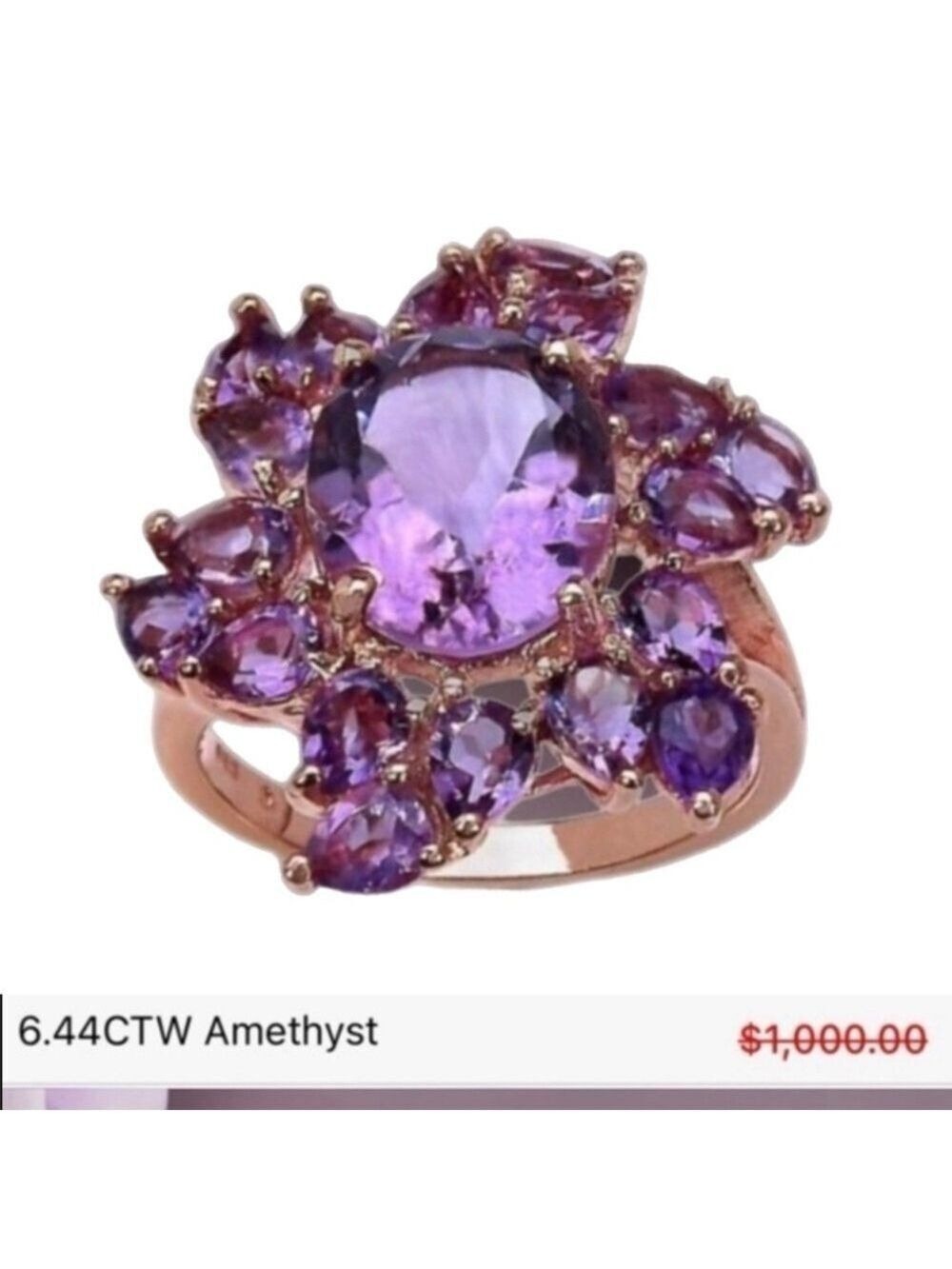 Amethyst Ring Oval Pear Cut 14K Rose Gold Sterling Silver Purple/Pink W 6 NWT - Picture 4 of 17